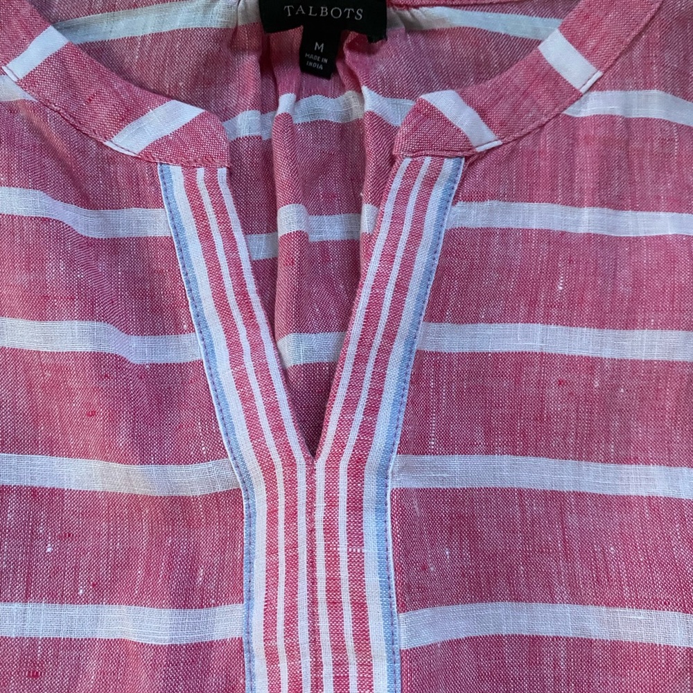 Talbots Linen Popover Top Pink Stripe Short Sleeve V Neck; Size: Medium - Picture 4 of 9